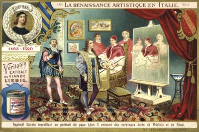 Raphael working on his portrait of Pope Leo X with Cardinals Giulio de Medici and Luigi de Rossi by European School